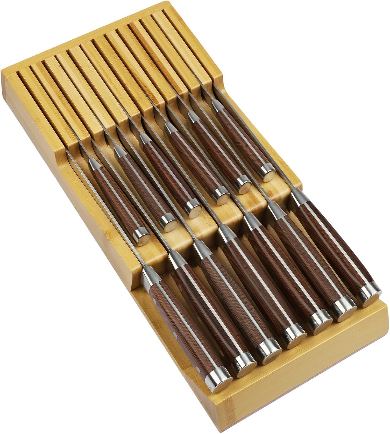 Bamboo Kitchen Drawer Knife Block, in Drawer Knife Holder, Knife Drawer Organizer Fit for 13 Knives