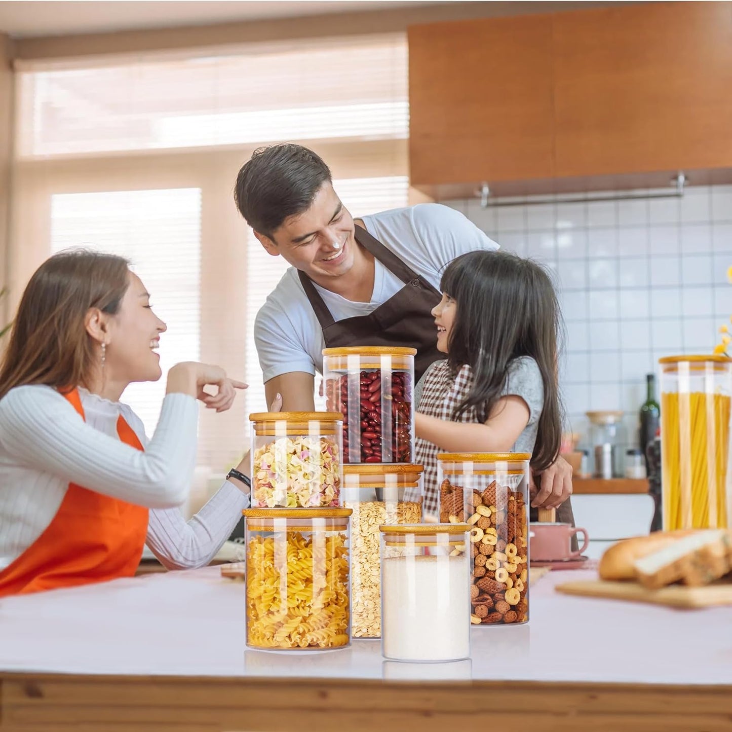 Glass Food Storage Jars, 7 Pack Kitchen Containers with Airtight Bamboo Wooden Lids for Pasta, Cookies, Nuts, Coffee Beans, Cereal, Canisters Set for Flour, Pantry Organization, BPA Free