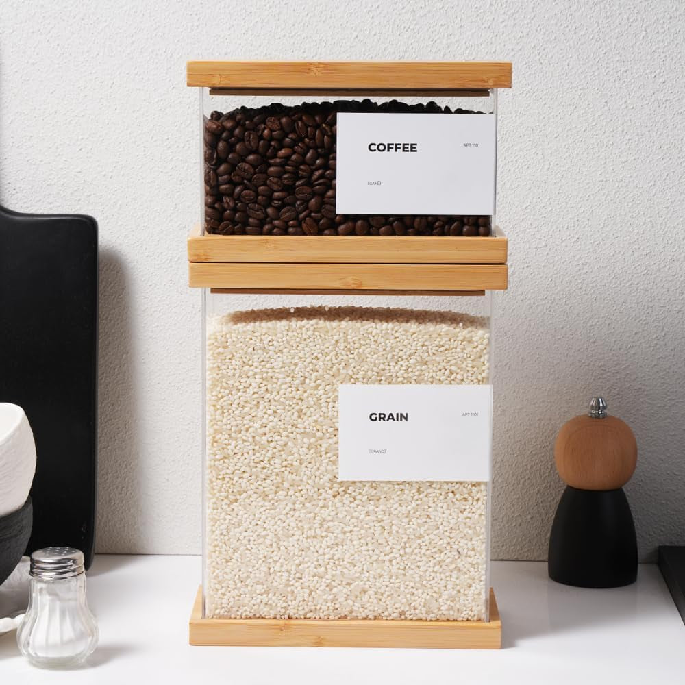 Bamboo Food Dispenser | Kitchen Organizers and Storage | Airtight Pantry Organizers and Storage Container | Cereal, Rice, Flour, Snack Storage (2, Large)