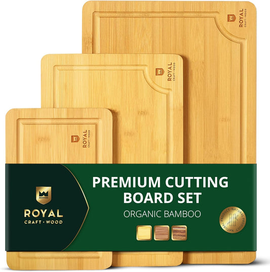 Premium Cutting Board Set – Non Toxic Bamboo & Wooden Cutting Boards for Kitchen Meal Prep, Durable Butcher Block for Meat with Side Handles, Deep Juice Groove, Charcuterie & Chopping