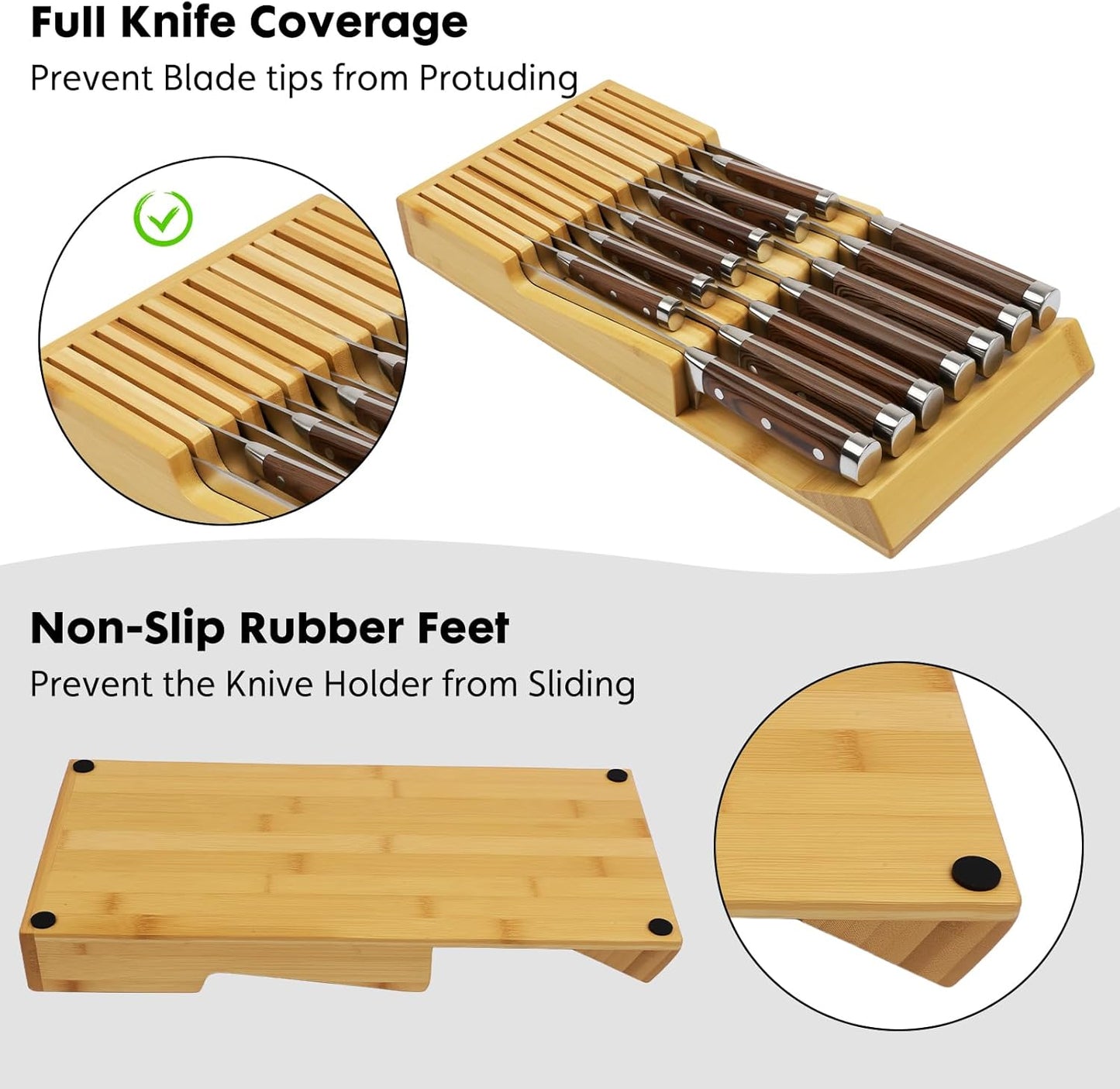 Bamboo Kitchen Drawer Knife Block, in Drawer Knife Holder, Knife Drawer Organizer Fit for 13 Knives