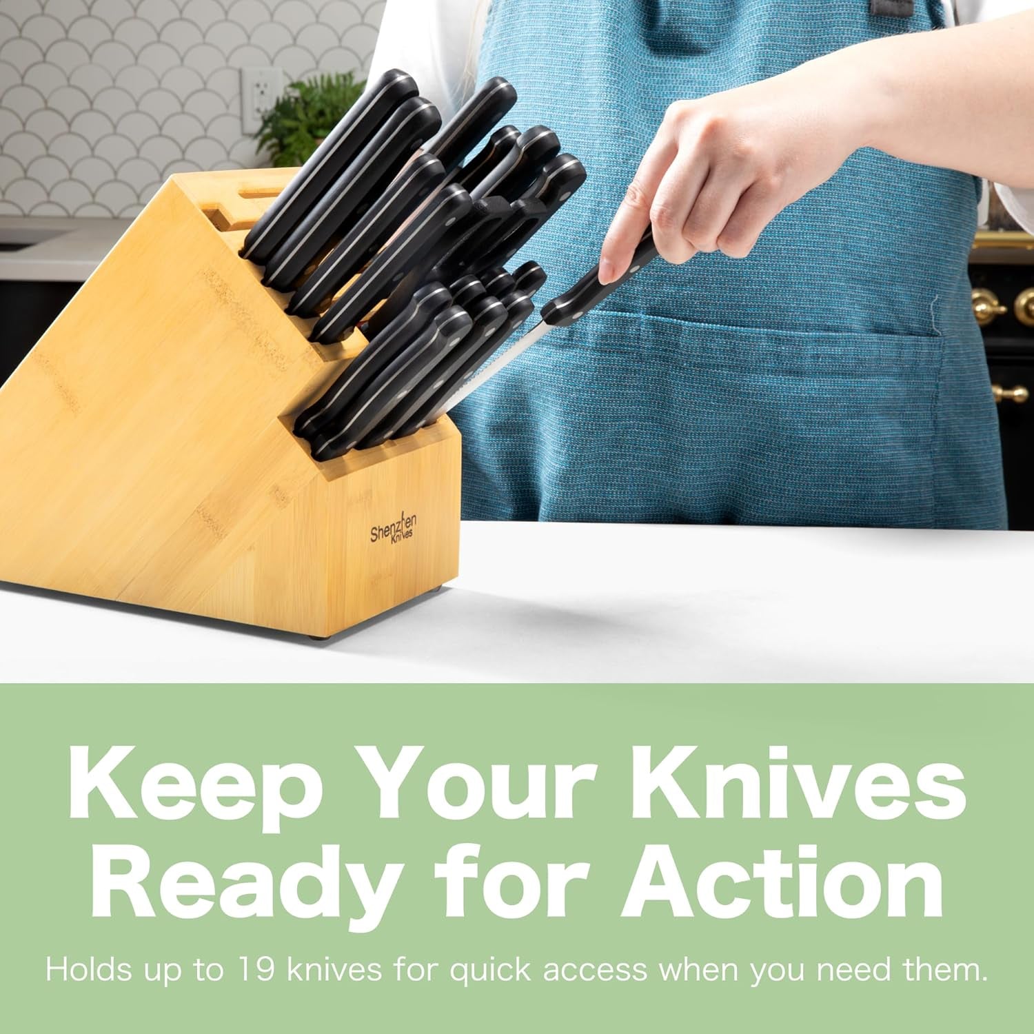 20 Slot Universal Knife Block: Large Bamboo Finish Wood Knife Block without Knives - Countertop Butcher Block Knife Holder and Organizer with Wide Slots for Easy Kitchen Knife Storage