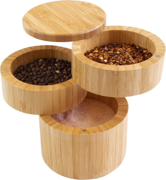 Triple Salt Cellar – 3 Tier Bamboo Salt and Pepper Storage Box with Magnetic Swivel Lids, Seasoning Holder for Salt, Herbs, and Spices, 1⅓ Cup Capacity