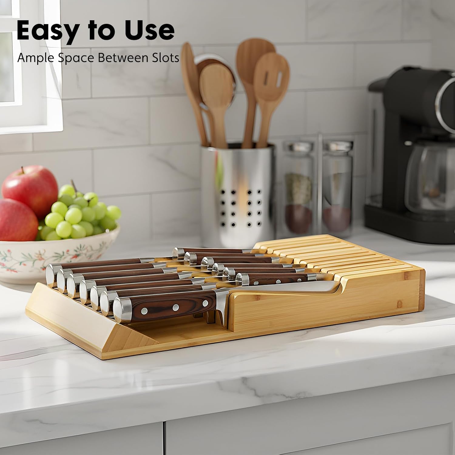 Bamboo Kitchen Drawer Knife Block, in Drawer Knife Holder, Knife Drawer Organizer Fit for 13 Knives