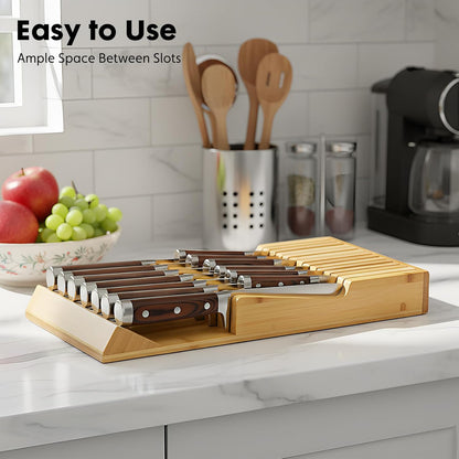 Bamboo Kitchen Drawer Knife Block, in Drawer Knife Holder, Knife Drawer Organizer Fit for 13 Knives