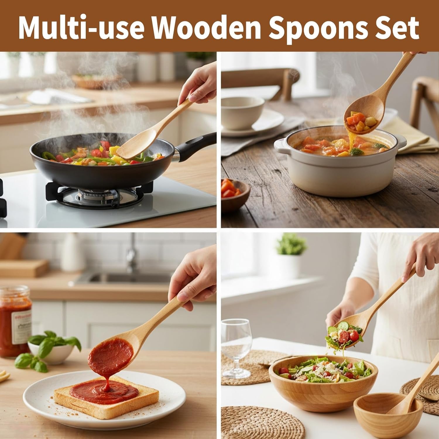 Wooden Spoons for Cooking - Premium Wooden Utensils Set of 5,Smooth Nonstick Bamboo Spoons for Cooking,Apartment Wood Spatula for Nonstick Pan,House Warming Gifts New Home