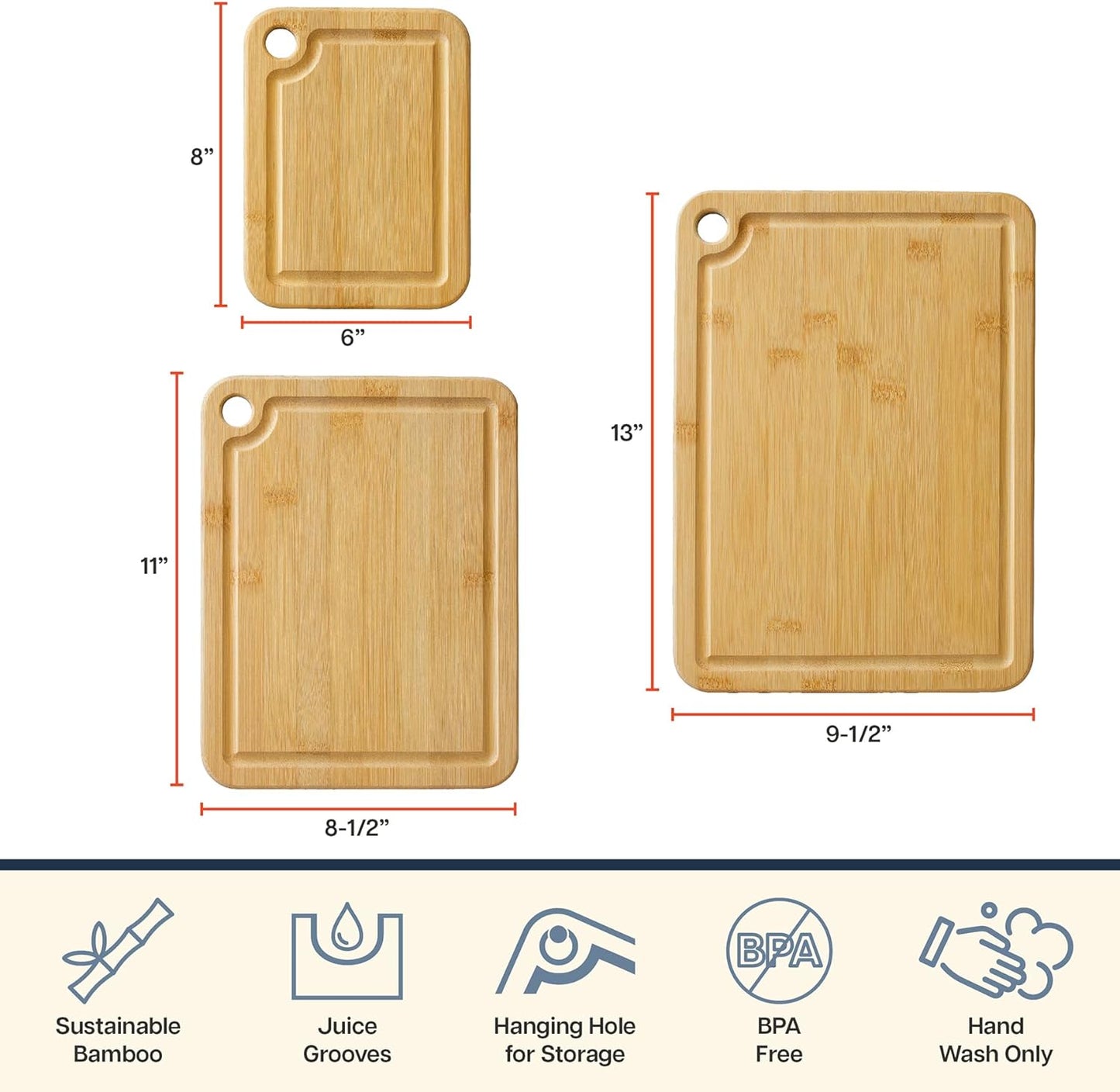 3-Piece Cutting Board Set — Kitchen Chopping Boards with Juice Grooves, Premium Bamboo Cutting Boards for Meat, Vegetables and Cheese