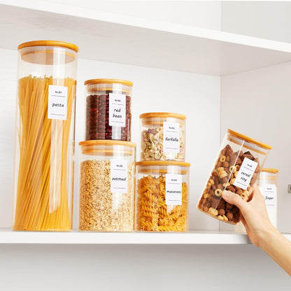 Glass Food Storage Jars, 7 Pack Kitchen Containers with Airtight Bamboo Wooden Lids for Pasta, Cookies, Nuts, Coffee Beans, Cereal, Canisters Set for Flour, Pantry Organization, BPA Free
