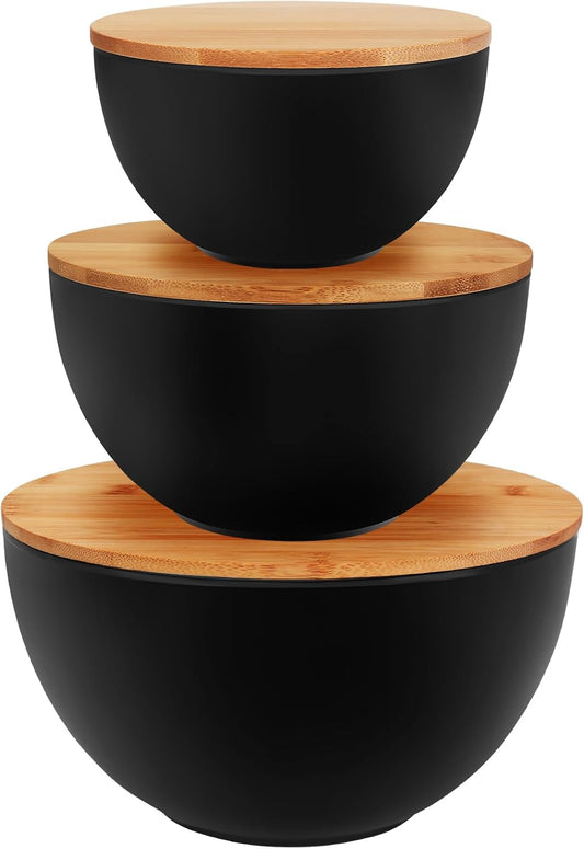 Salad Bowl Set of 3, Natural Bamboo Fiber Salad Serving Bowls with Lids,Mixing Bowl for Preparing and Serving Salad, Cereal, Fruit, Veggies, Popcorn,Chips & Bread(10",8",6")