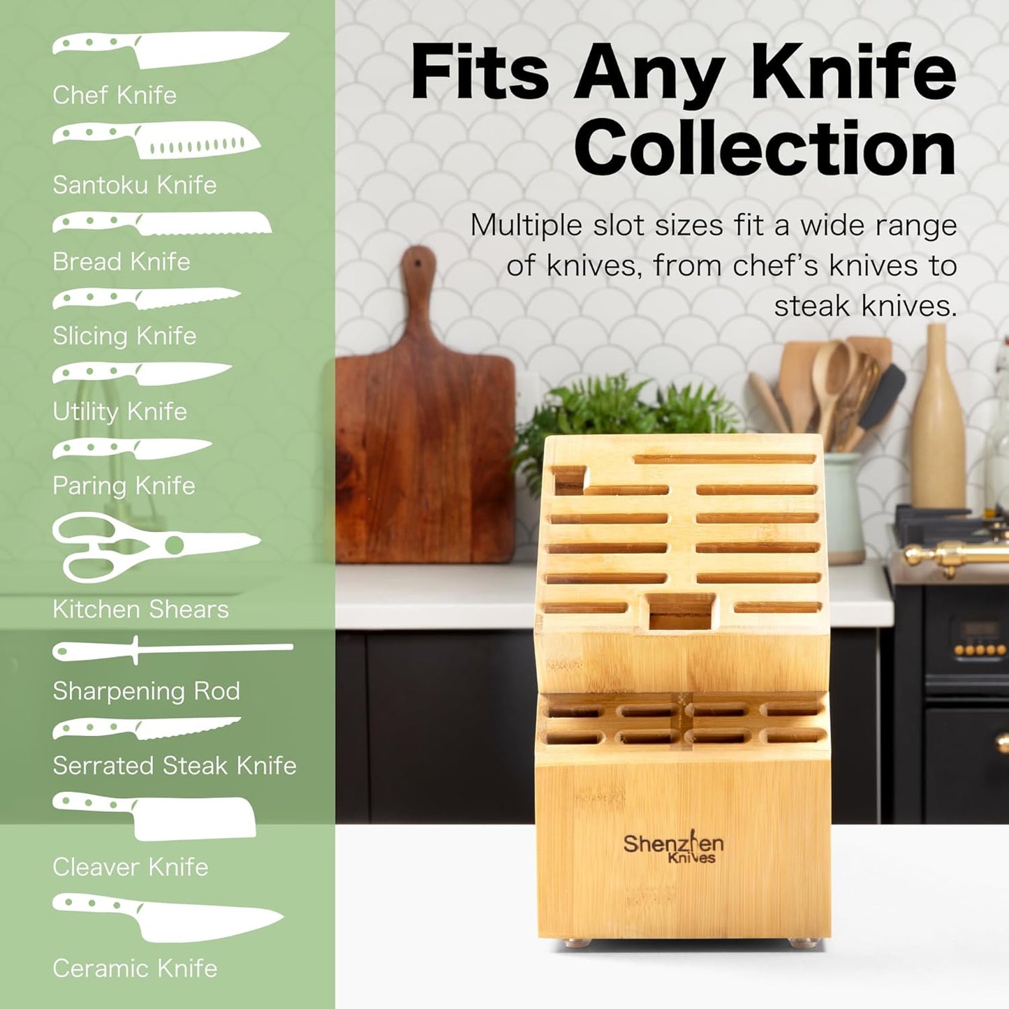 20 Slot Universal Knife Block: Large Bamboo Finish Wood Knife Block without Knives - Countertop Butcher Block Knife Holder and Organizer with Wide Slots for Easy Kitchen Knife Storage