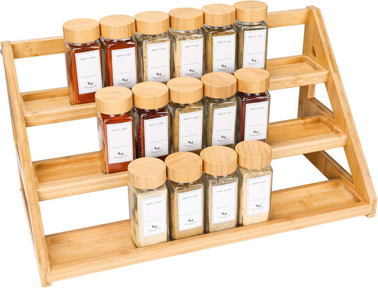 Spice Rack, Spice Organizer -3 Tier Bamboo Spice Racks, Solution for Spice Storage in Kitchens, Countertops，Storage Rooms and Other Places
