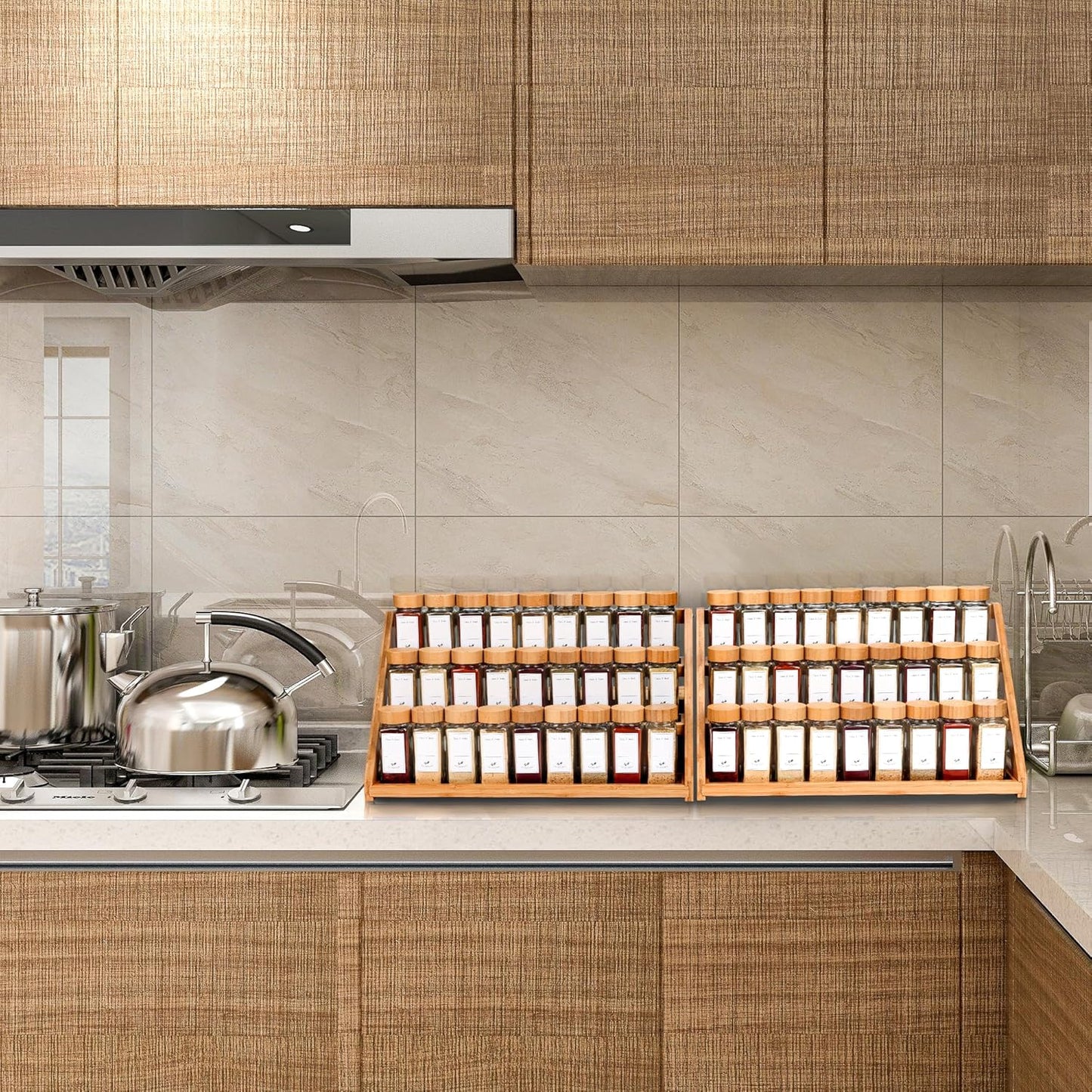 Spice Rack, Spice Organizer -3 Tier Bamboo Spice Racks, Solution for Spice Storage in Kitchens, Countertops，Storage Rooms and Other Places
