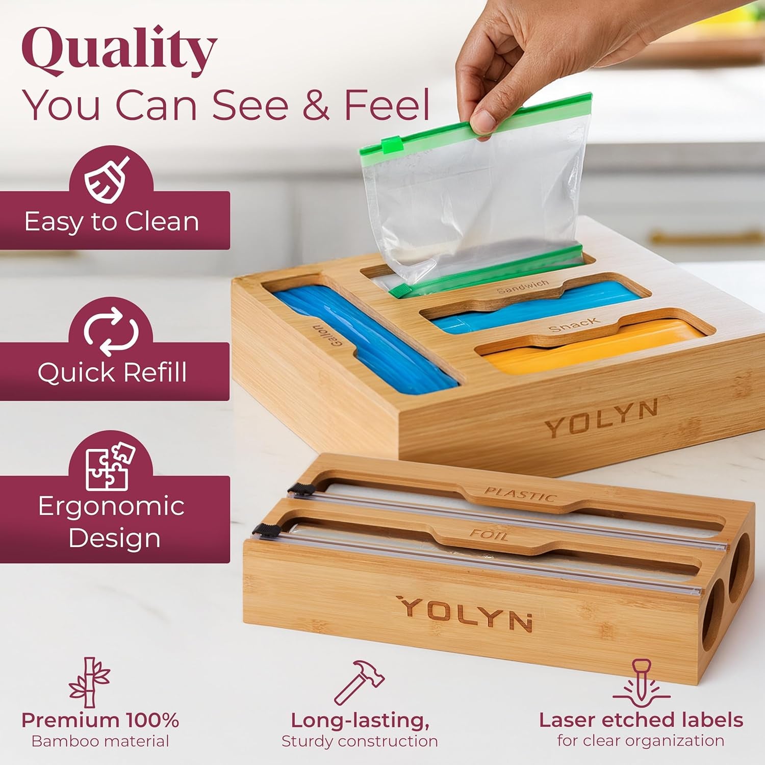 Bamboo Kitchen Storage Bag Organizer, Drawer Organizer with Foil Dispenser, Bamboo Organizer for Sandwich Bags, Plastic Wrap, Baggie and Foil, Premium Kitchen Drawer Organizer