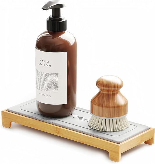 Dryingneat Instant Dry Sink Caddy Organizers, Kitchen Sponge Soap Holder Dispenser, Countertop Fast Drying Counter Tray Rack (Bamboo, Gray)