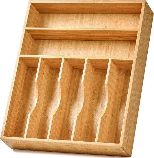Bamboo Kitchen Drawer Organizer, 13 Inch Silverware Utensil Tray Holder, Extra Deep Grooved Drawer Divider, 7 Slots Total Bamboo Wood Caddy for Flatware Cutlery Knives, Forks, Spoons
