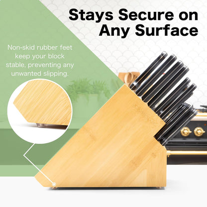 20 Slot Universal Knife Block: Large Bamboo Finish Wood Knife Block without Knives - Countertop Butcher Block Knife Holder and Organizer with Wide Slots for Easy Kitchen Knife Storage