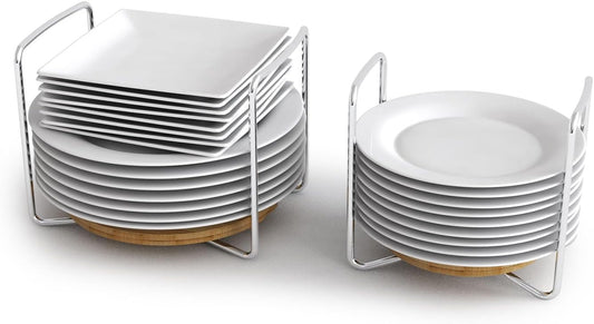 Adjustable Dish Rack for Kitchen Counter - Bamboo Plate Holder Organizer for Cabinet Wooden Bowl Organizer Stainless Steel Plate Stand Storage for Kitchen Drawer Countertop Cupboard Shelf RV