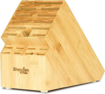 20 Slot Universal Knife Block: Large Bamboo Finish Wood Knife Block without Knives - Countertop Butcher Block Knife Holder and Organizer with Wide Slots for Easy Kitchen Knife Storage