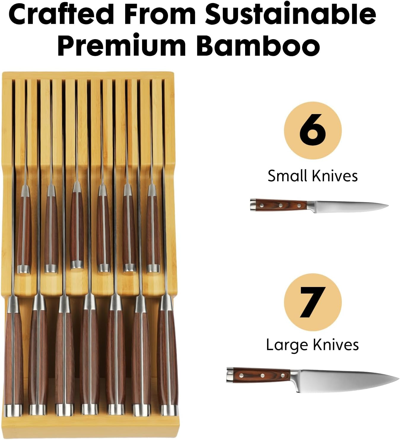 Bamboo Kitchen Drawer Knife Block, in Drawer Knife Holder, Knife Drawer Organizer Fit for 13 Knives