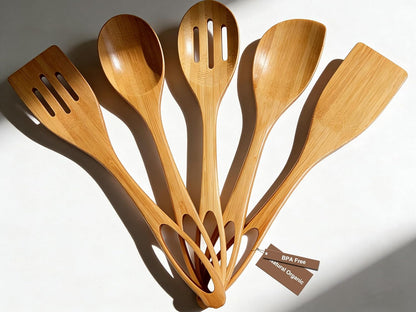 Wooden Spoons for Cooking - Premium Wooden Utensils Set of 5,Smooth Nonstick Bamboo Spoons for Cooking,Apartment Wood Spatula for Nonstick Pan,House Warming Gifts New Home