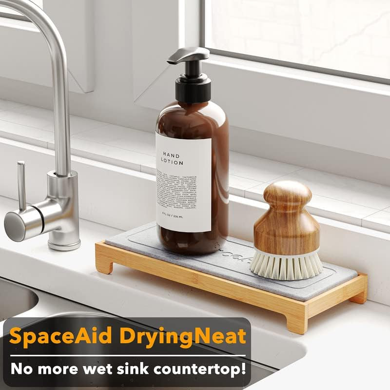 Dryingneat Instant Dry Sink Caddy Organizers, Kitchen Sponge Soap Holder Dispenser, Countertop Fast Drying Counter Tray Rack (Bamboo, Gray)