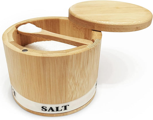 Salt Box Bamboo Salt Container with Swivel Lid with Magnetic to Easily Open and Seal Salt Cellar with Spoon for Storing Salt Pepper Sugar Herbs Small Spice Box