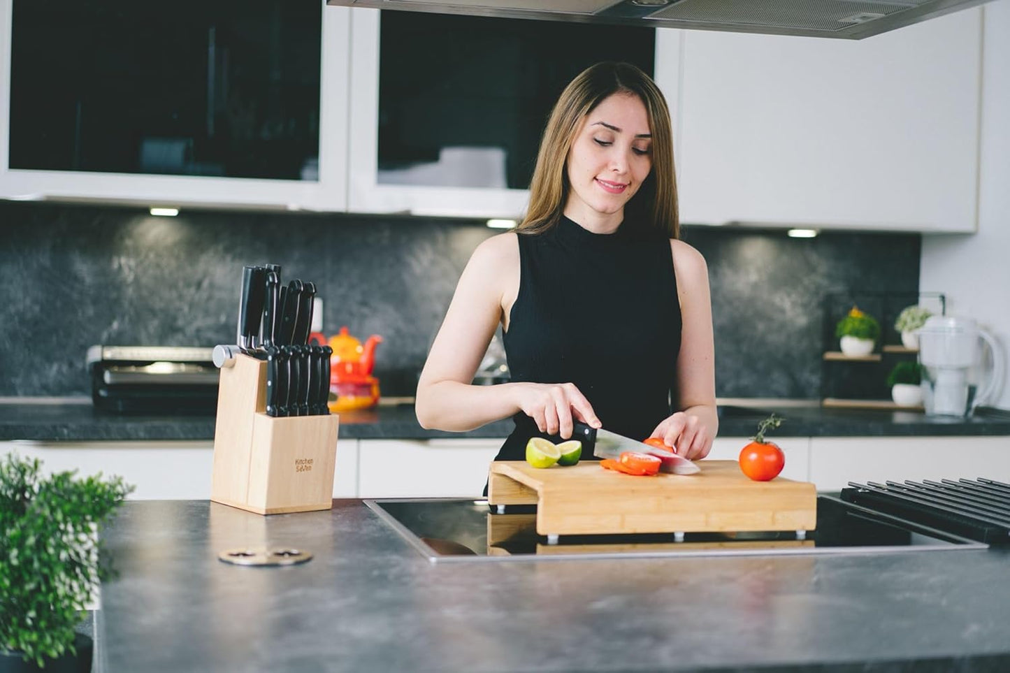 Bamboo Universal Knife Block - Knife Holder with 2 Built-In Knife Sharpeners - 2-Tiered Modern Knife Storage up to 16 Large and Small Knives Easy Clean Wooden Knife Organizer by
