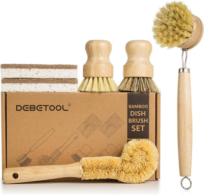 6 Piece Bamboo Dish Brush Set with Coconut Sponge - Wooden Dish Brush with Sisal and Palm Fiber, Natural Bamboo Dish Scrub Brush for Kitchen Cleaning Dishes, Pots, Pans, Bottles, Vegetables